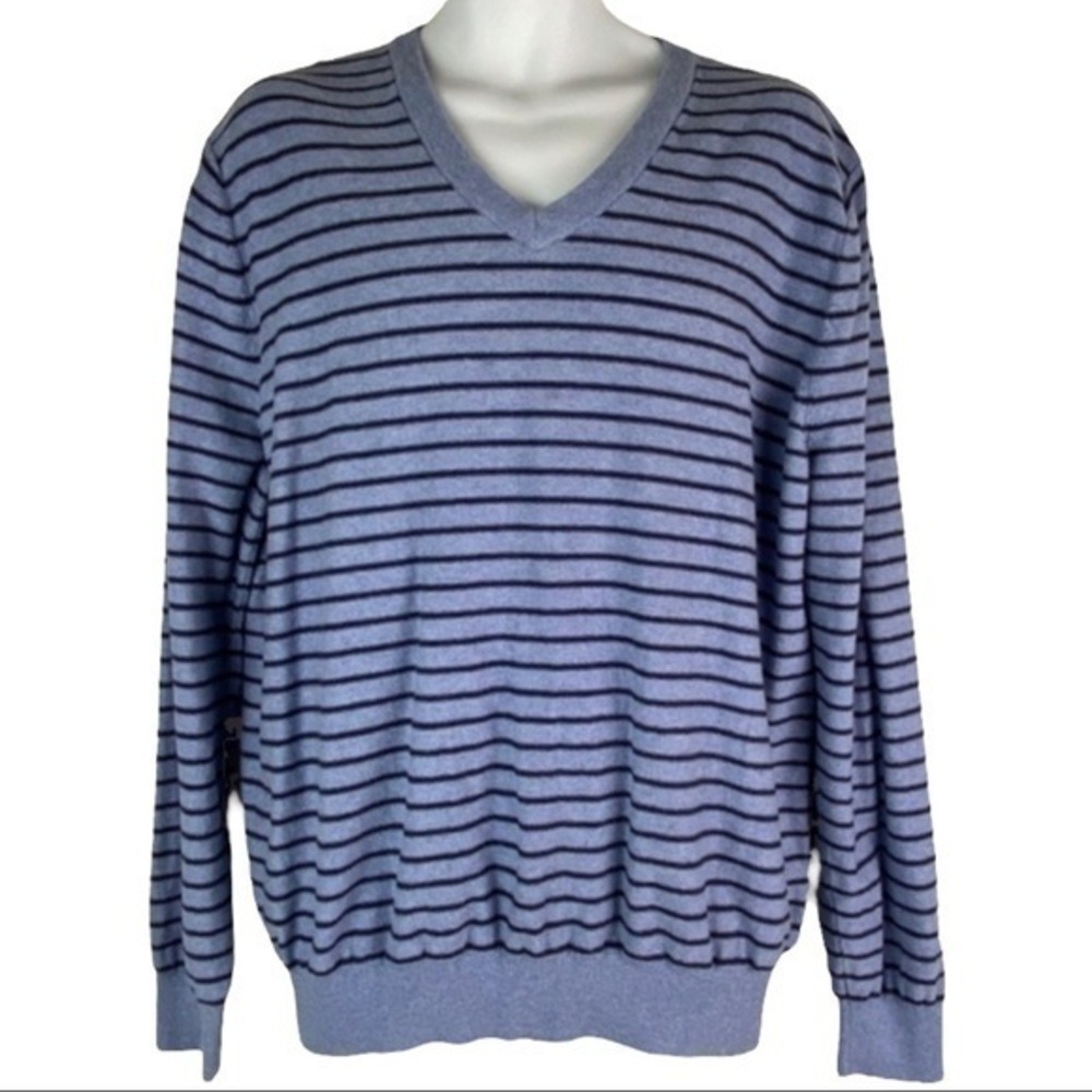 Merona Blue Striped V-Neck Sweater Mens XL Cotton Long Sleeve Pullover